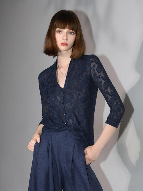 COCOBELLA 3D Applique Lace Hollow French Slim Fit V Neck Long Sleeve T-Shirts