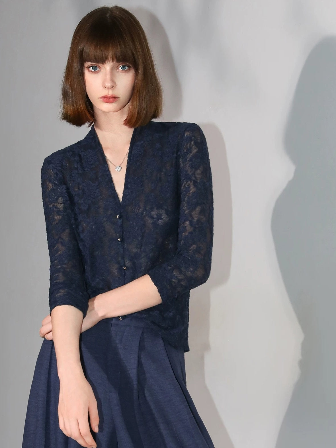 COCOBELLA 3D Applique Lace Hollow French Slim Fit V Neck Long Sleeve T-Shirts