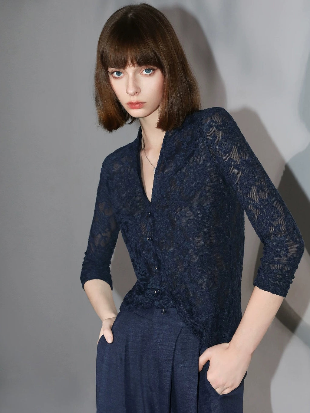 COCOBELLA 3D Applique Lace Hollow French Slim Fit V Neck Long Sleeve T-Shirts