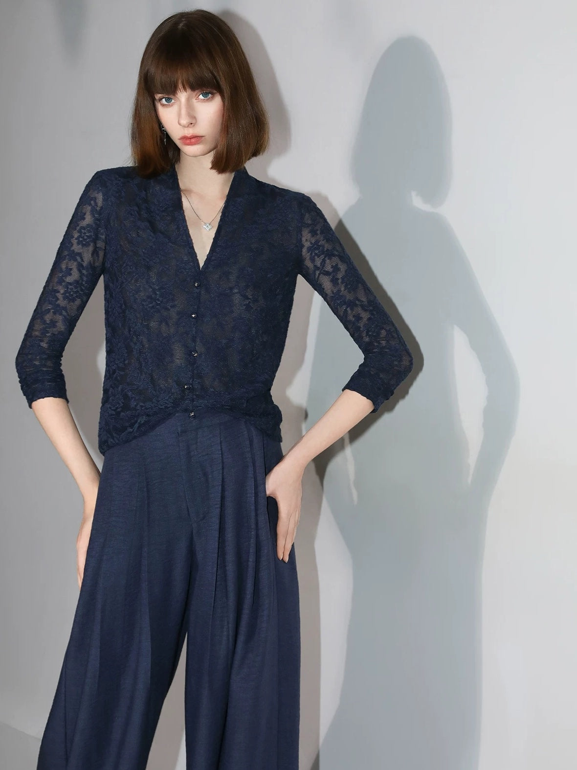 COCOBELLA 3D Applique Lace Hollow French Slim Fit V Neck Long Sleeve T-Shirts