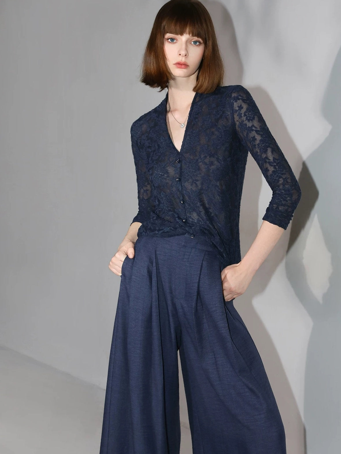 COCOBELLA 3D Applique Lace Hollow French Slim Fit V Neck Long Sleeve T-Shirts