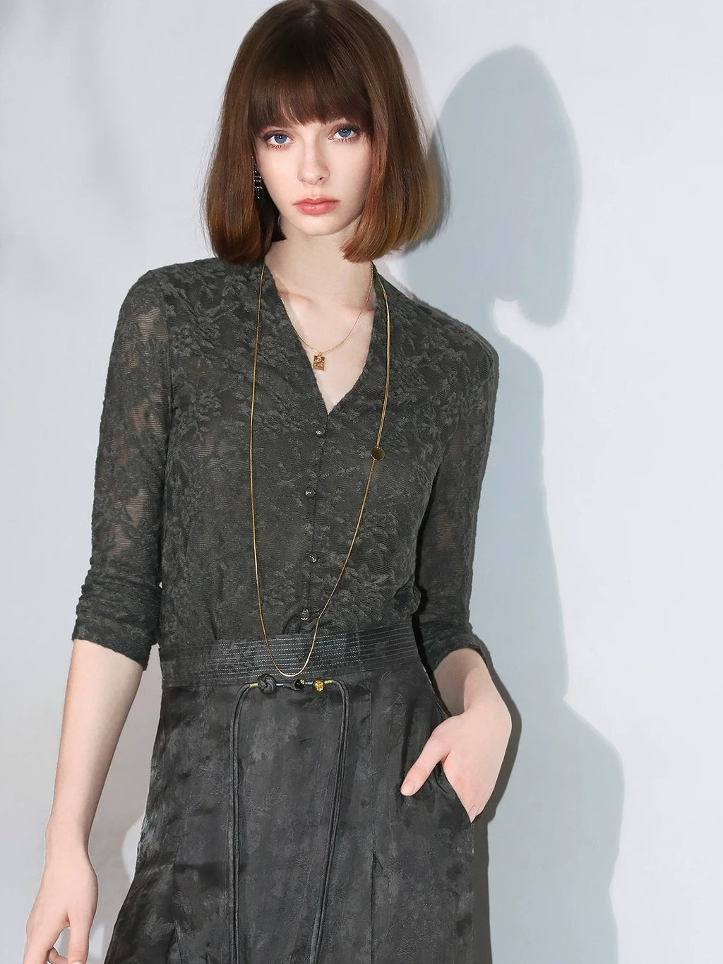 COCOBELLA 3D Applique Lace Hollow French Slim Fit V Neck Long Sleeve T-Shirts