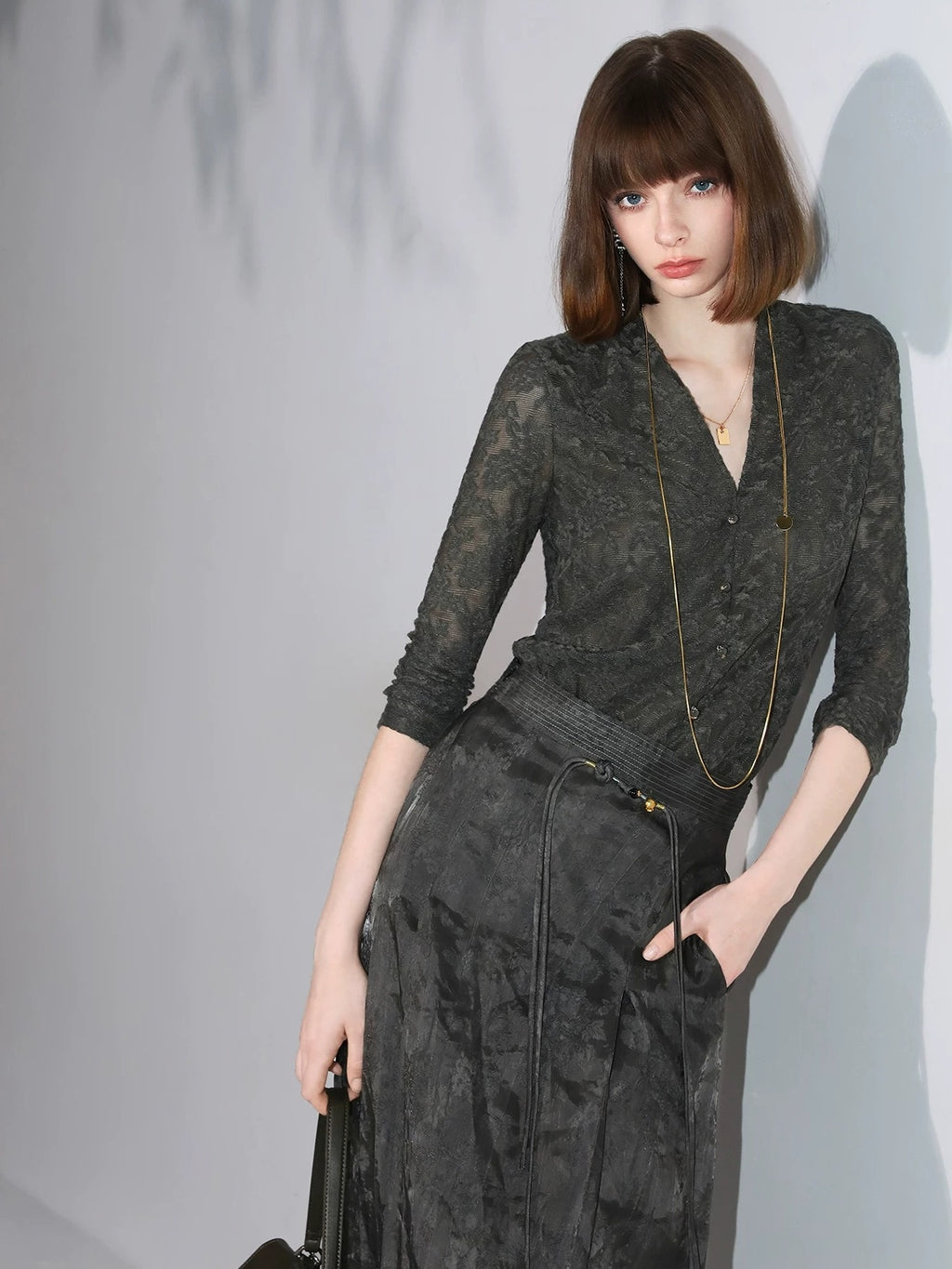 COCOBELLA 3D Applique Lace Hollow French Slim Fit V Neck Long Sleeve T-Shirts