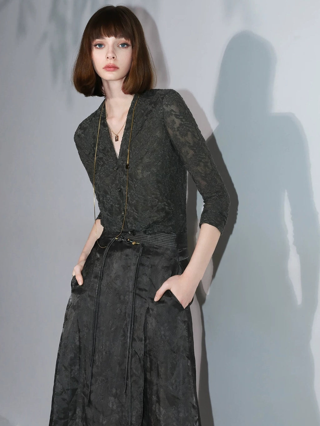 COCOBELLA 3D Applique Lace Hollow French Slim Fit V Neck Long Sleeve T-Shirts