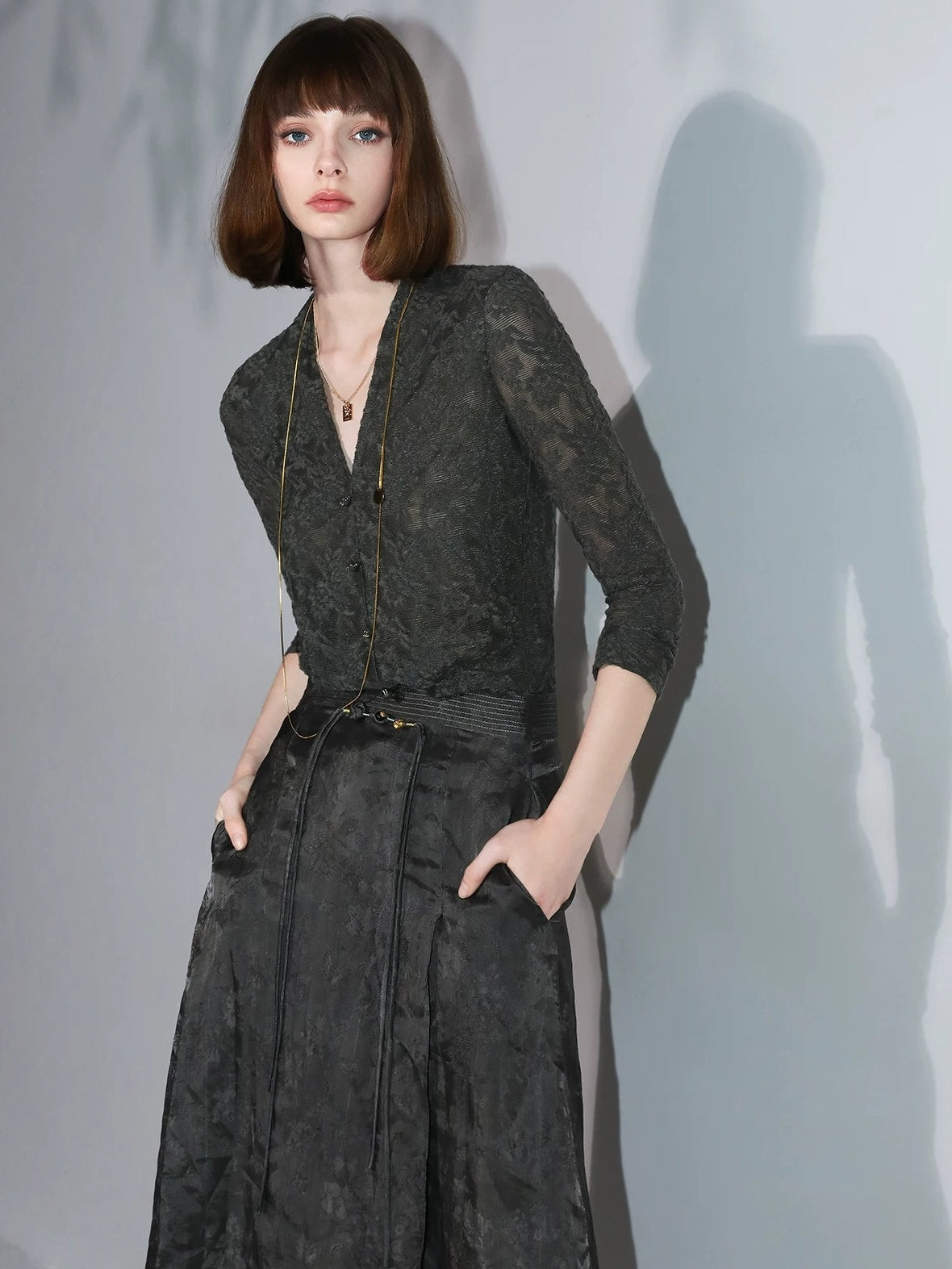 COCOBELLA 3D Applique Lace Hollow French Slim Fit V Neck Long Sleeve T-Shirts