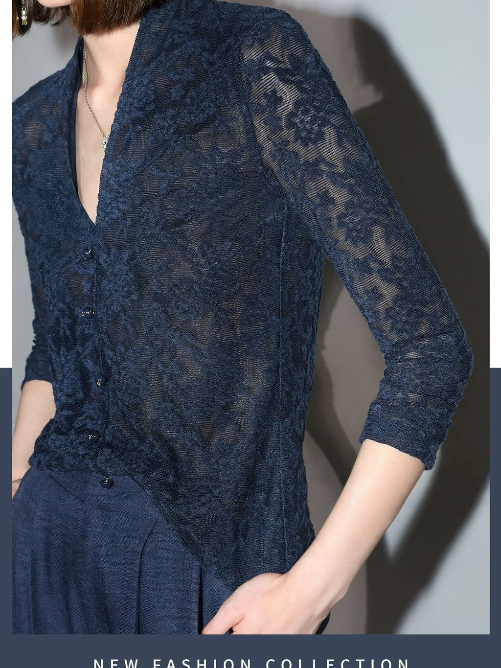 COCOBELLA 3D Applique Lace Hollow French Slim Fit V Neck Long Sleeve T-Shirts