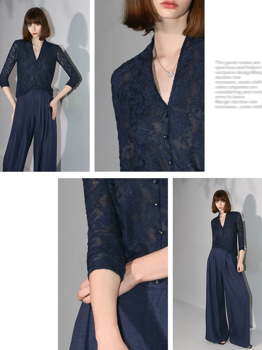 COCOBELLA 3D Applique Lace Hollow French Slim Fit V Neck Long Sleeve T-Shirts