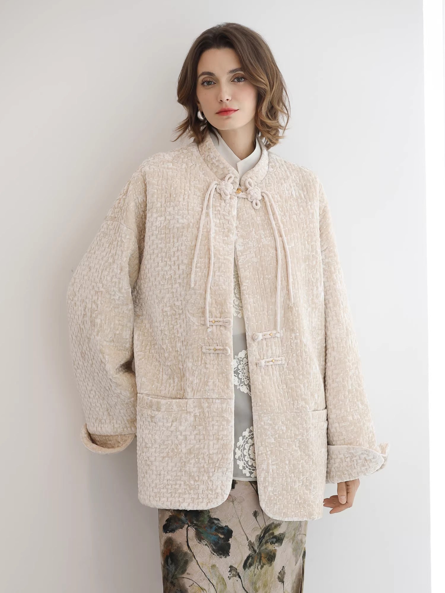 COCOBELLA_3D_Embroidered_Sequin_Midlength_Loose_Office_Almond_White_Padded_Jackets_MISSTT