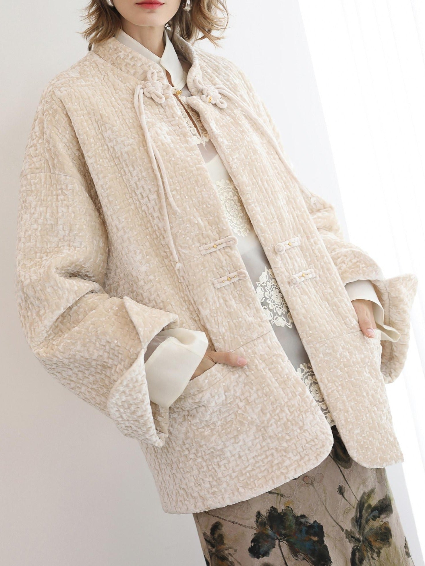 COCOBELLA 3D Embroidered Sequin Midlength Loose Office Almond White Padded Jackets