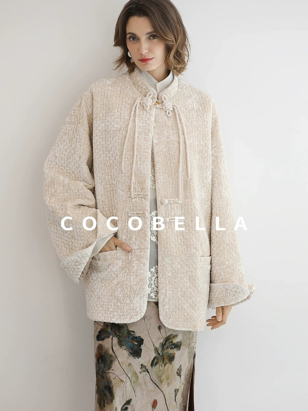 COCOBELLA 3D Embroidered Sequin Midlength Loose Office Almond White Padded Jackets