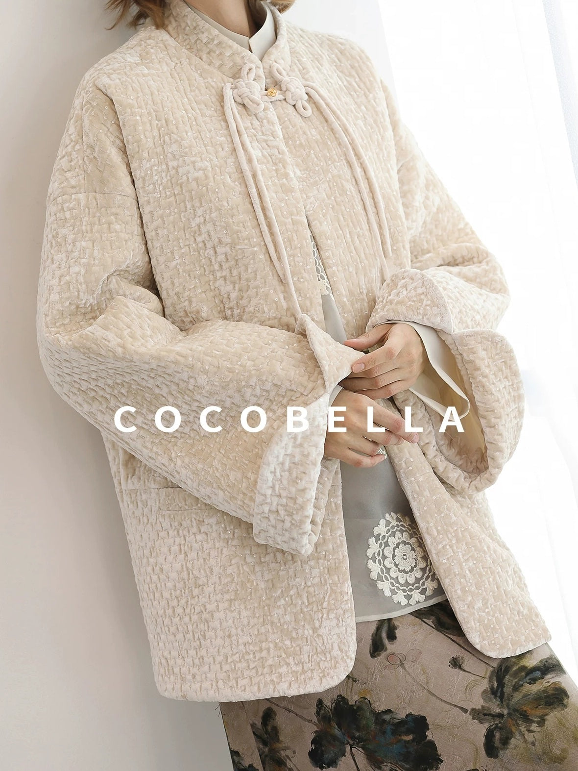 COCOBELLA 3D Embroidered Sequin Midlength Loose Office Almond White Padded Jackets