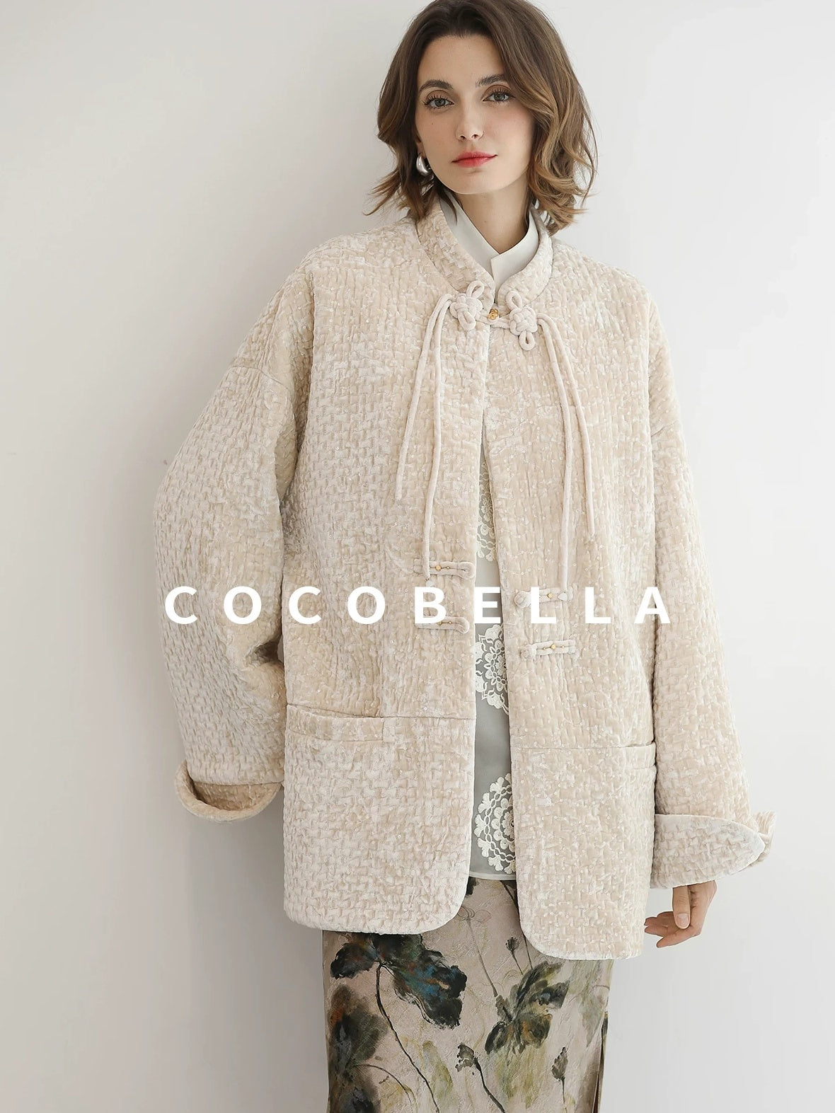 COCOBELLA 3D Embroidered Sequin Midlength Loose Office Almond White Padded Jackets