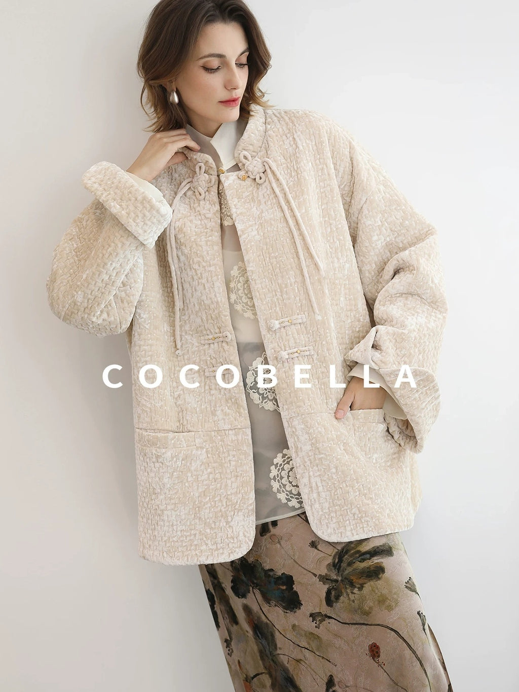 COCOBELLA 3D Embroidered Sequin Midlength Loose Office Almond White Padded Jackets