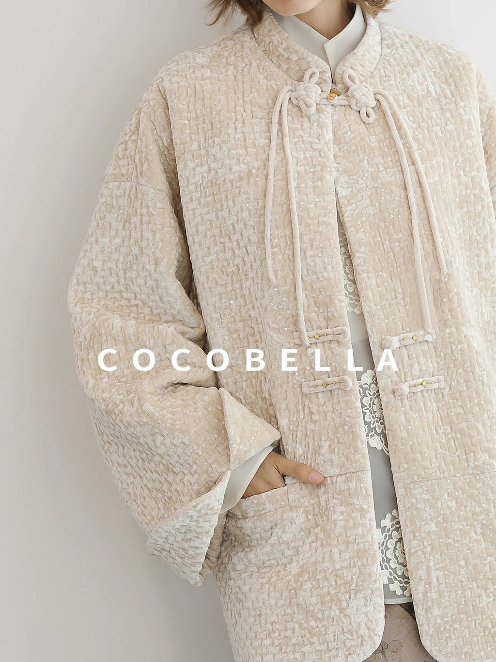 COCOBELLA 3D Embroidered Sequin Midlength Loose Office Almond White Padded Jackets