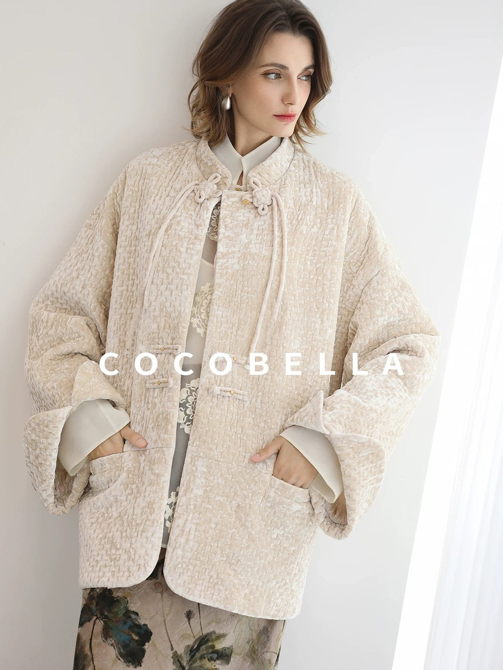 COCOBELLA 3D Embroidered Sequin Midlength Loose Office Almond White Padded Jackets