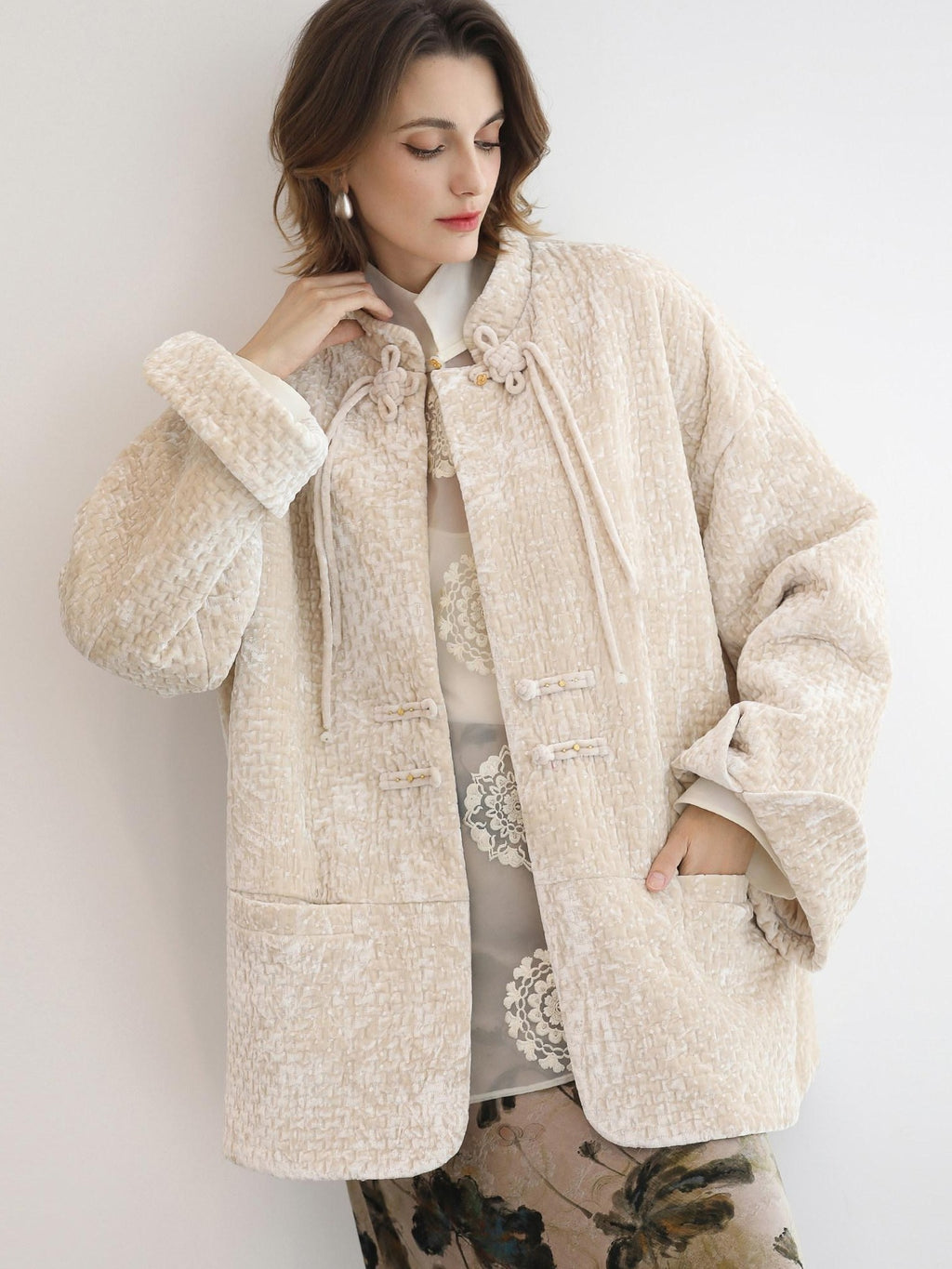 COCOBELLA 3D Embroidered Sequin Midlength Loose Office Almond White Padded Jackets