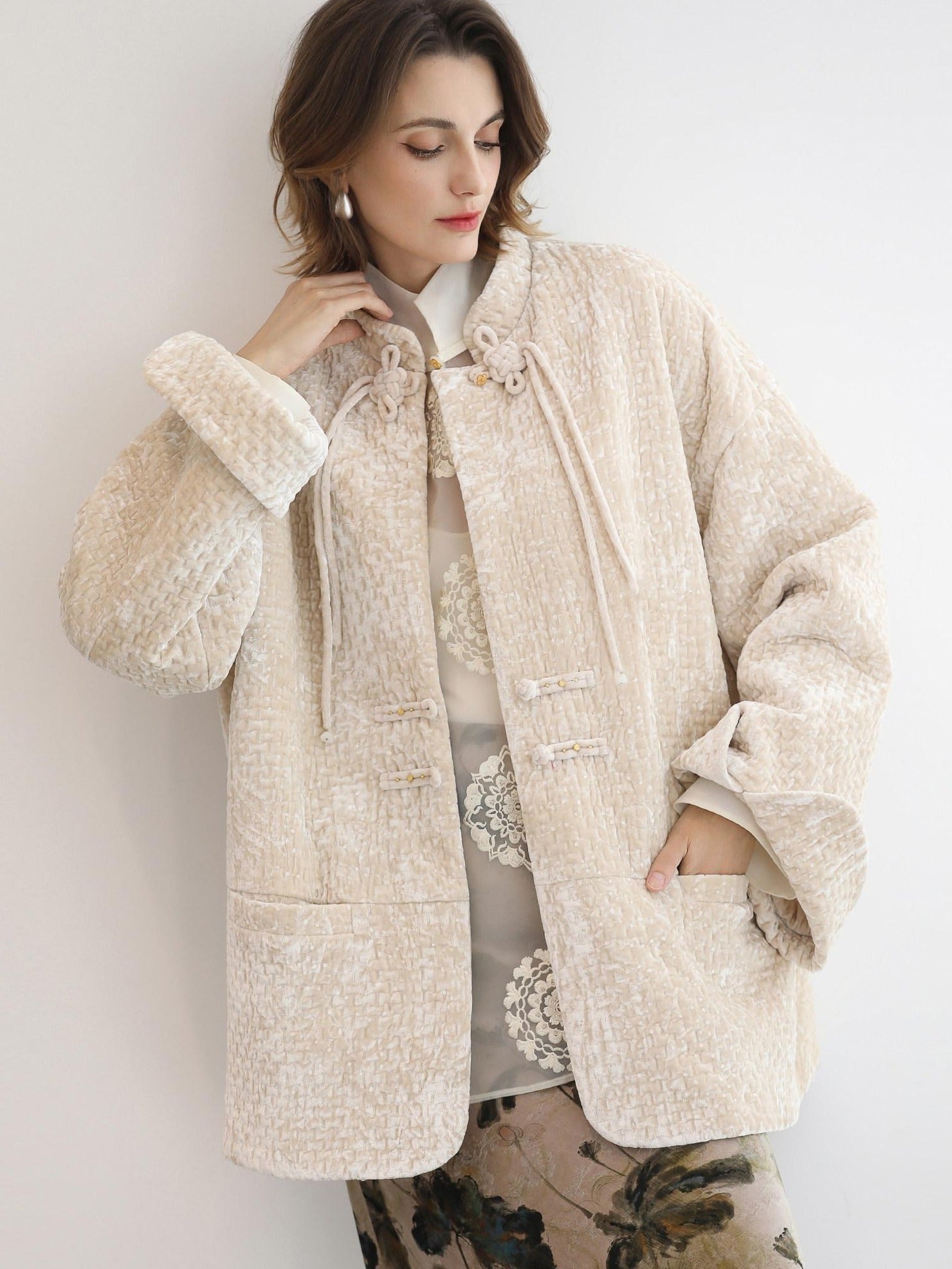 COCOBELLA 3D Embroidered Sequin Midlength Loose Office Almond White Padded Jackets