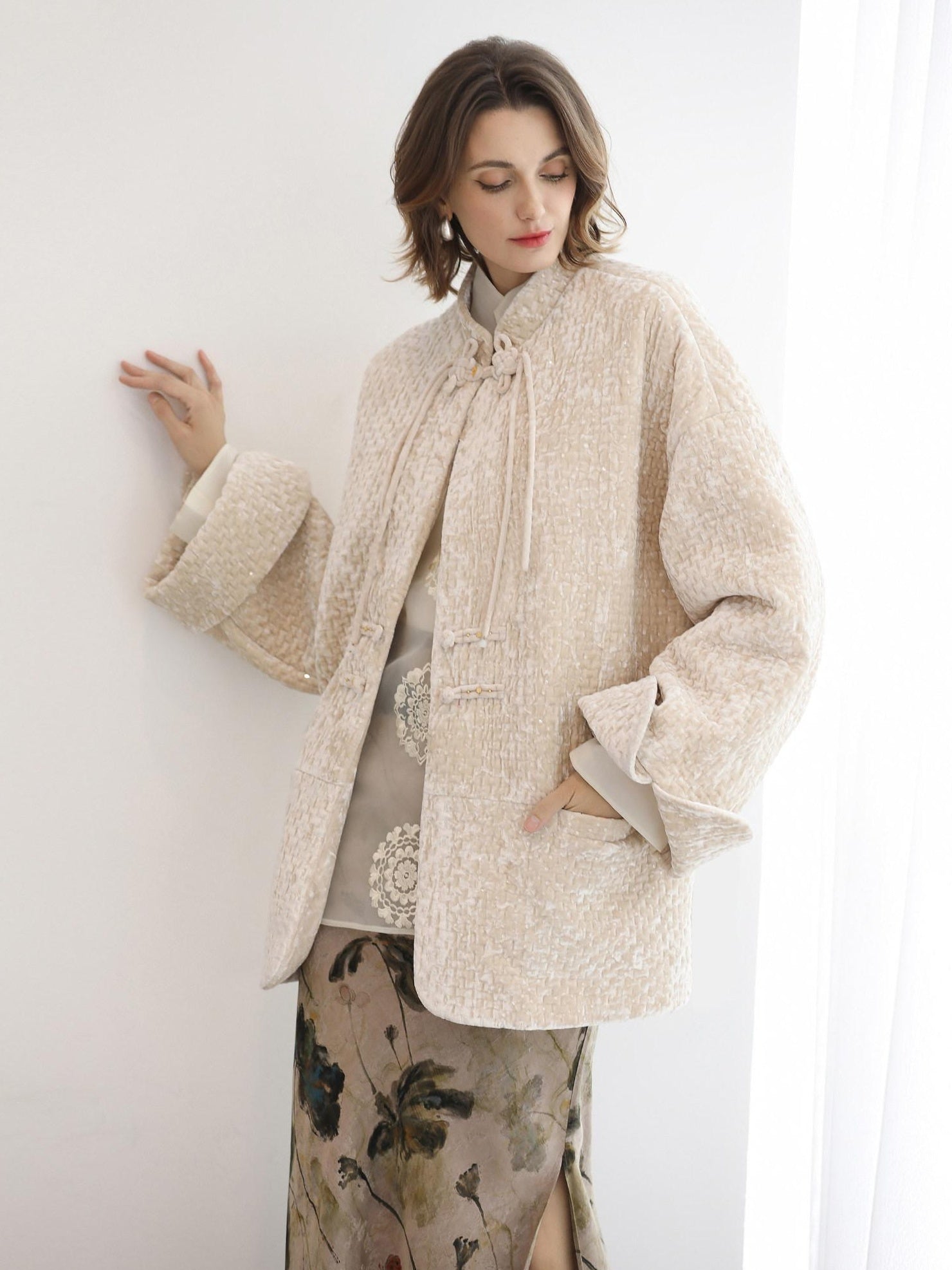 COCOBELLA 3D Embroidered Sequin Midlength Loose Office Almond White Padded Jackets