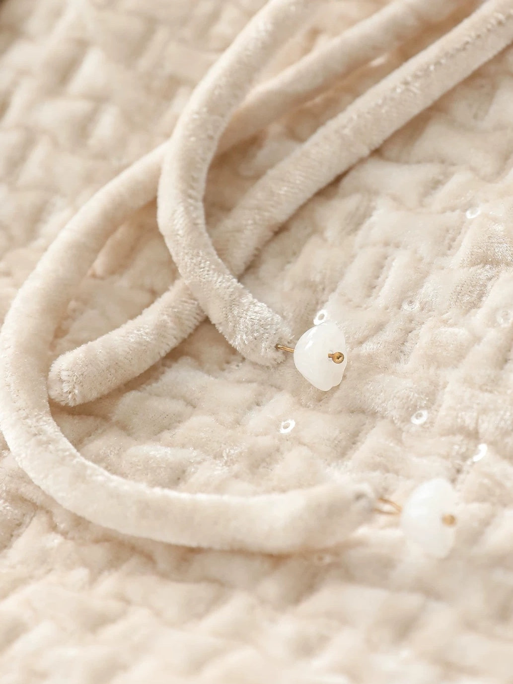 COCOBELLA 3D Embroidered Sequin Midlength Loose Office Almond White Padded Jackets