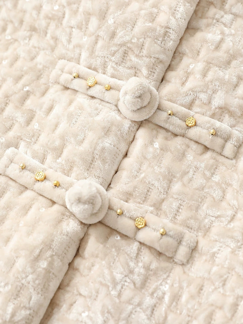 COCOBELLA 3D Embroidered Sequin Midlength Loose Office Almond White Padded Jackets