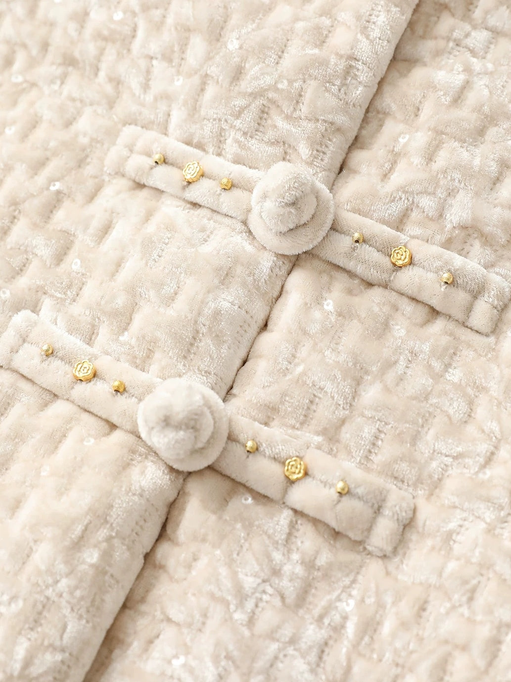 COCOBELLA 3D Embroidered Sequin Midlength Loose Office Almond White Padded Jackets