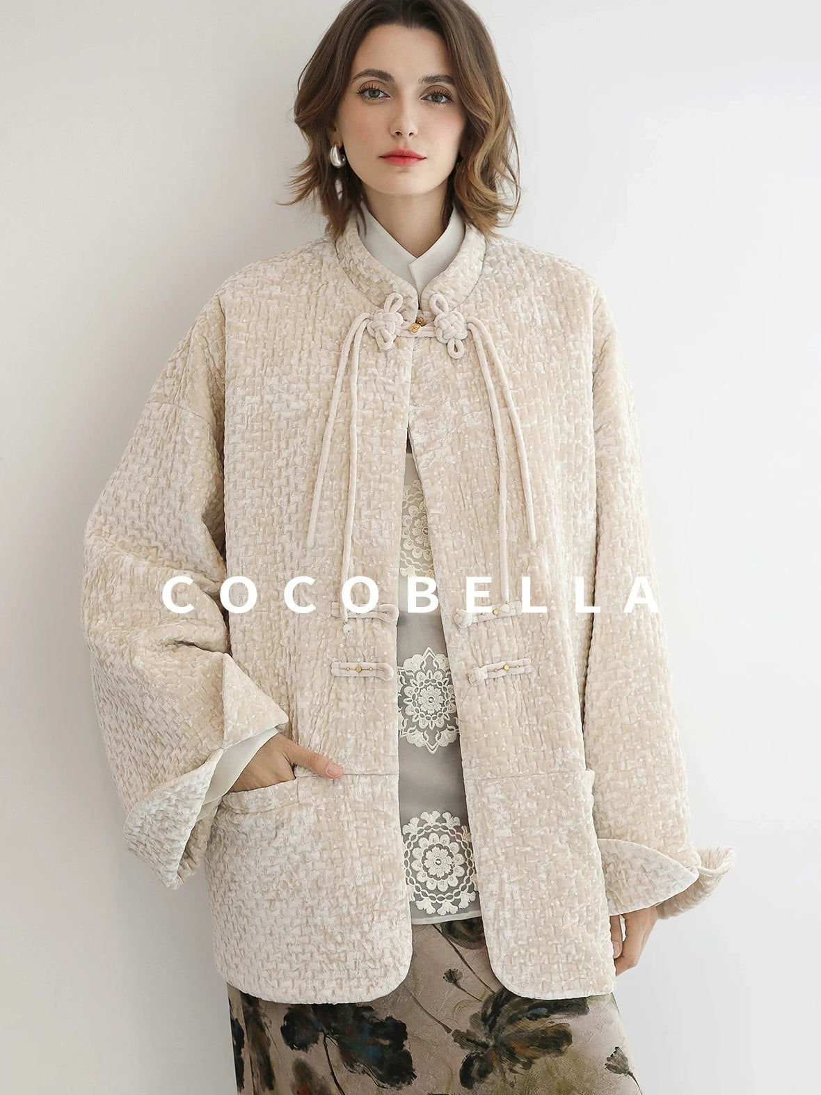 COCOBELLA 3D Embroidered Sequin Midlength Loose Office Almond White Padded Jackets