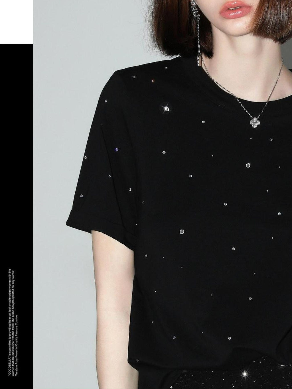 COCOBELLA 3D Rhinestone Casual Straight Fit Short Sleeve Cotton Starry Black T-Shirts