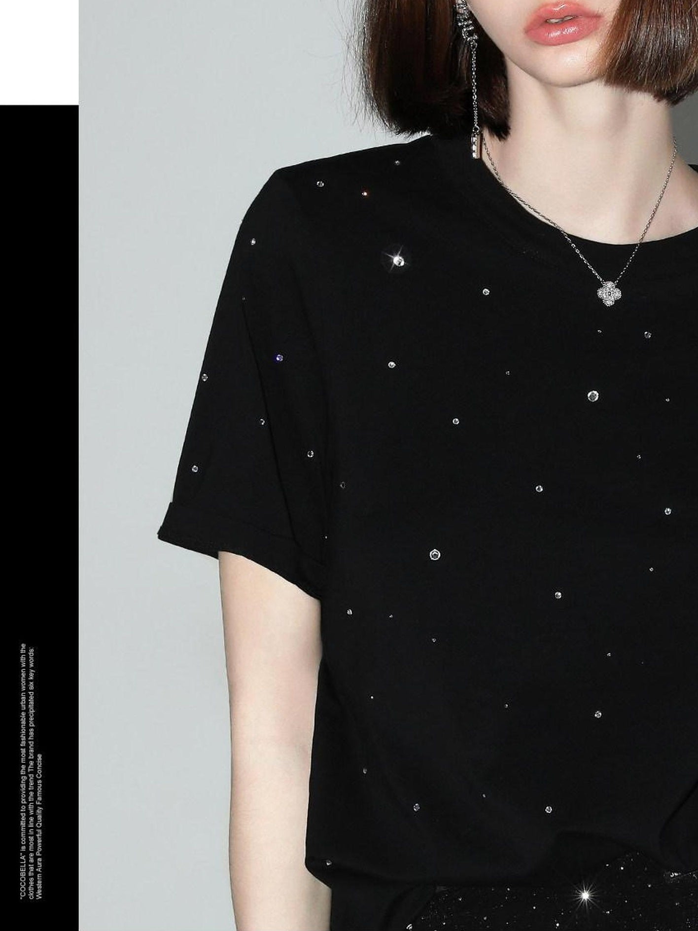 COCOBELLA 3D Rhinestone Casual Straight Fit Short Sleeve Cotton Starry Black T-Shirts