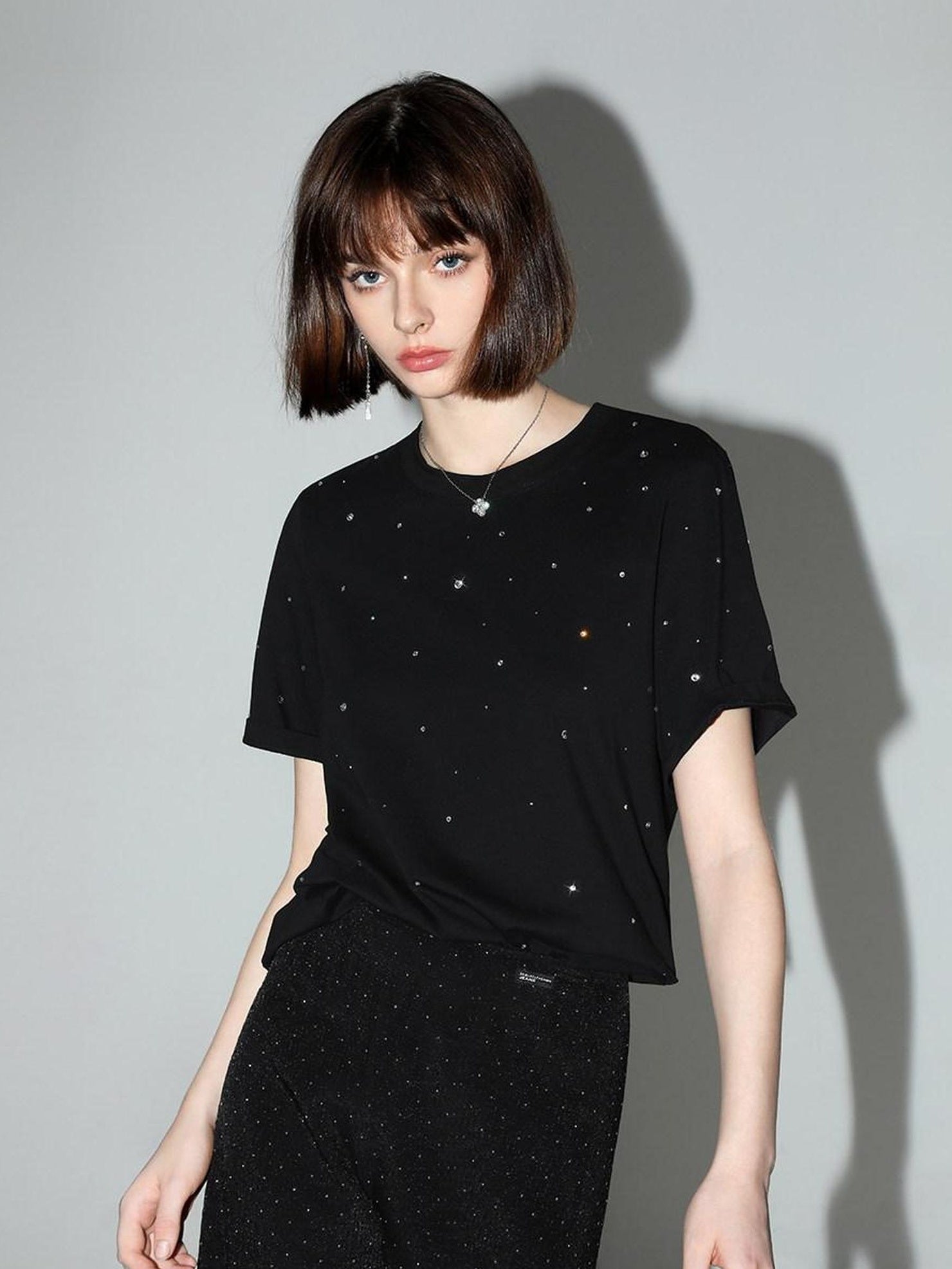 COCOBELLA 3D Rhinestone Casual Straight Fit Short Sleeve Cotton Starry Black T-Shirts