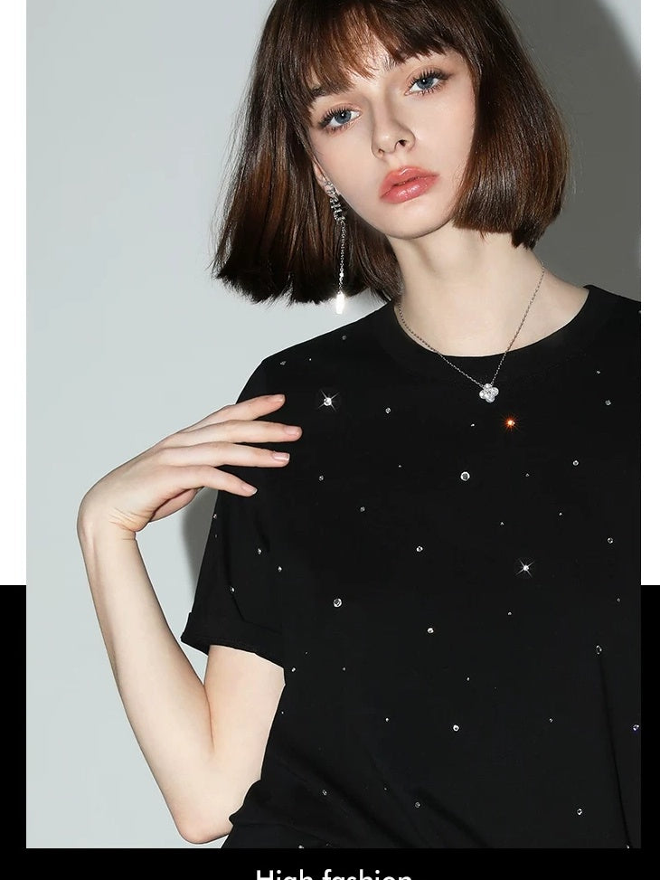 COCOBELLA 3D Rhinestone Casual Straight Fit Short Sleeve Cotton Starry Black T-Shirts
