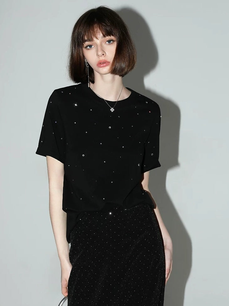 COCOBELLA 3D Rhinestone Casual Straight Fit Short Sleeve Cotton Starry Black T-Shirts