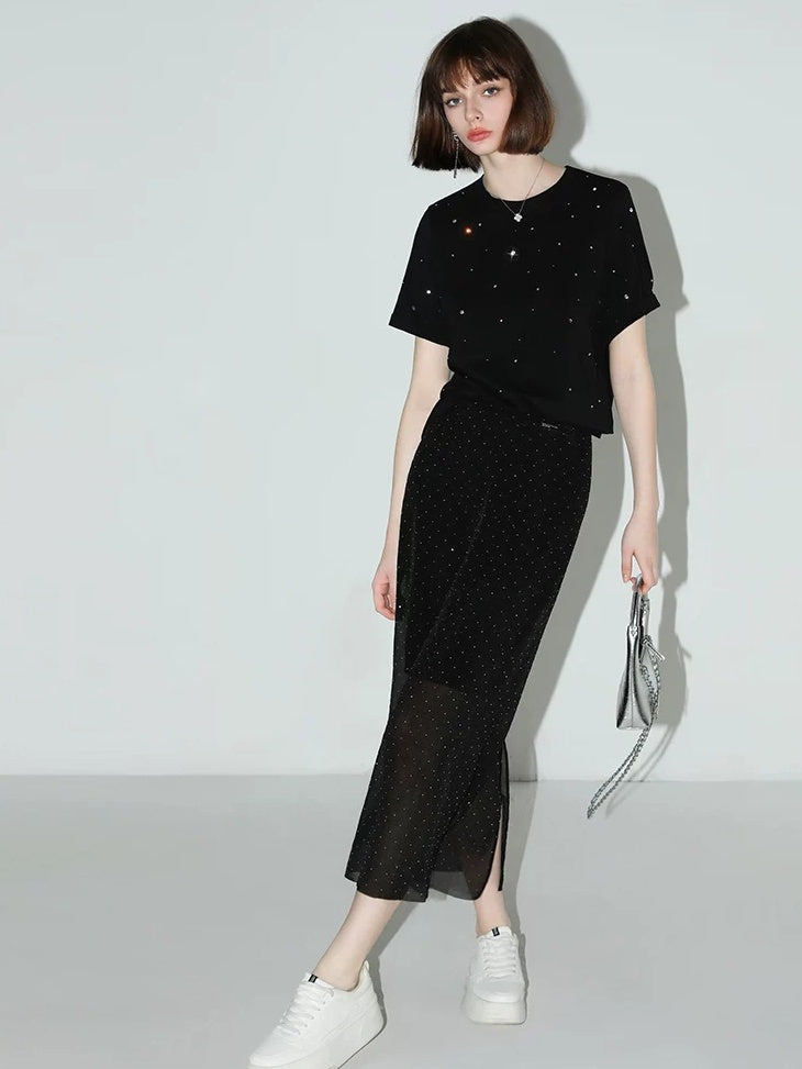 COCOBELLA 3D Rhinestone Casual Straight Fit Short Sleeve Cotton Starry Black T-Shirts