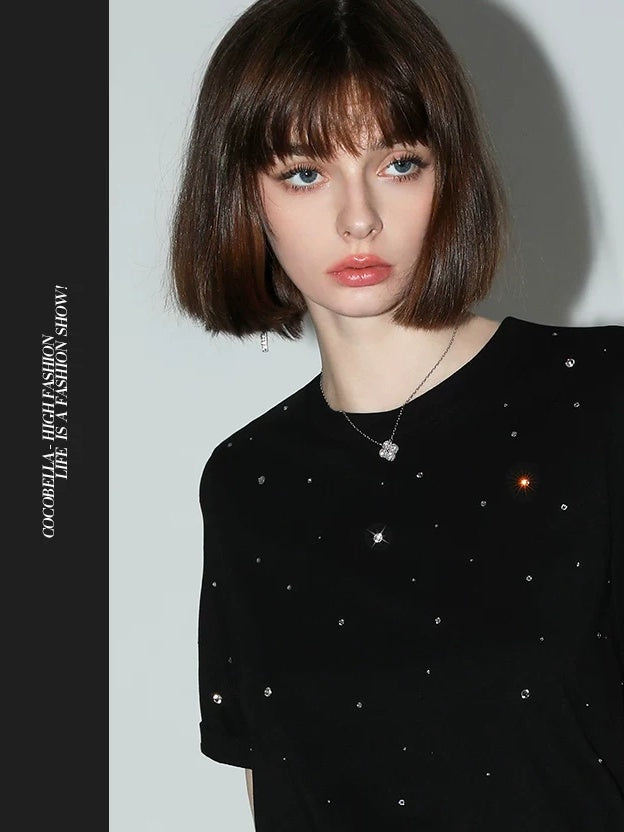 COCOBELLA 3D Rhinestone Casual Straight Fit Short Sleeve Cotton Starry Black T-Shirts