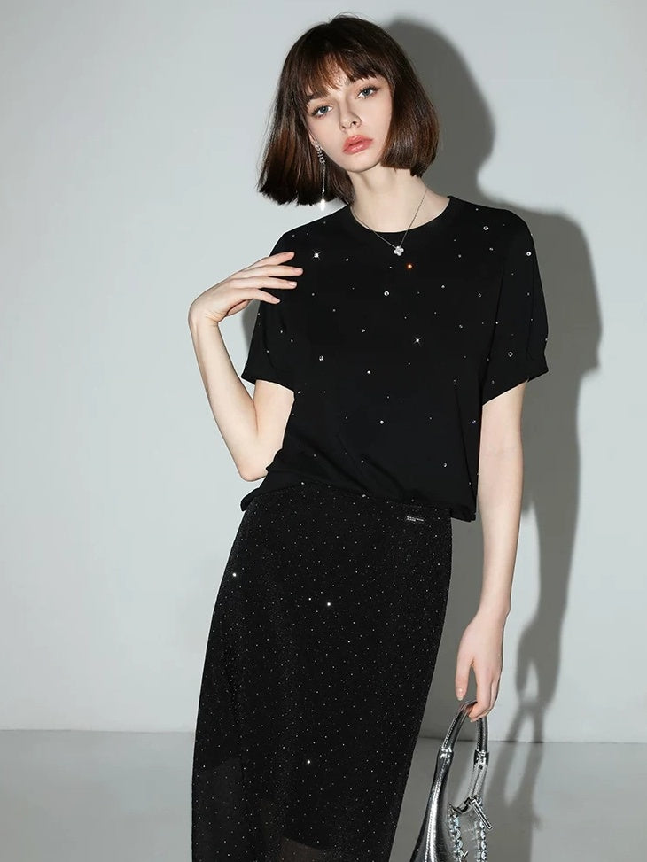 COCOBELLA 3D Rhinestone Casual Straight Fit Short Sleeve Cotton Starry Black T-Shirts