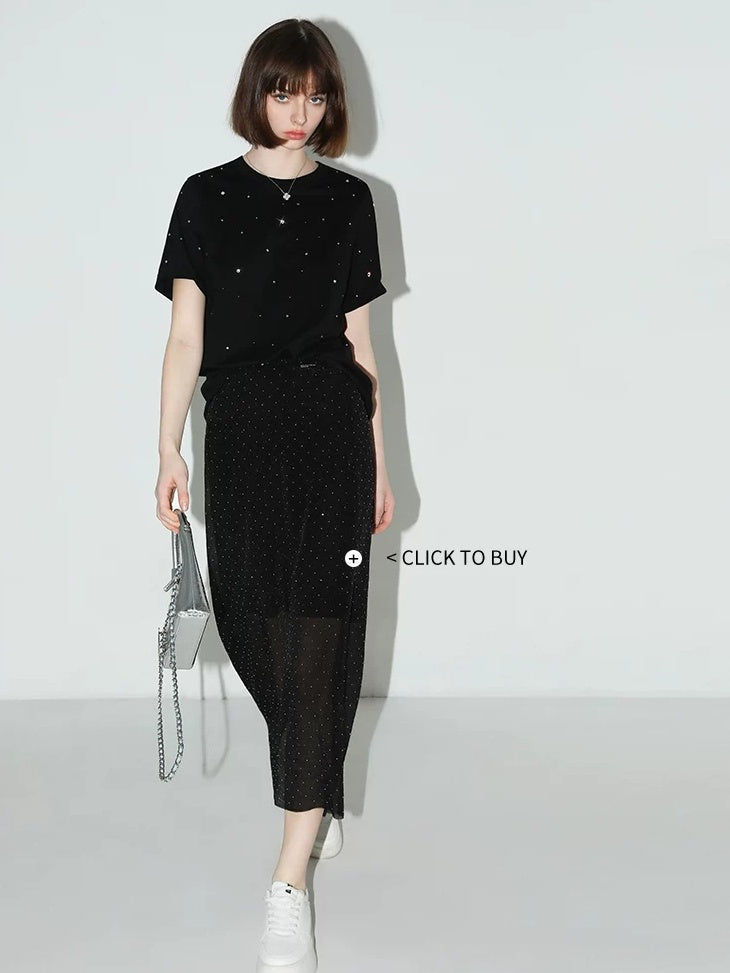 COCOBELLA 3D Rhinestone Casual Straight Fit Short Sleeve Cotton Starry Black T-Shirts