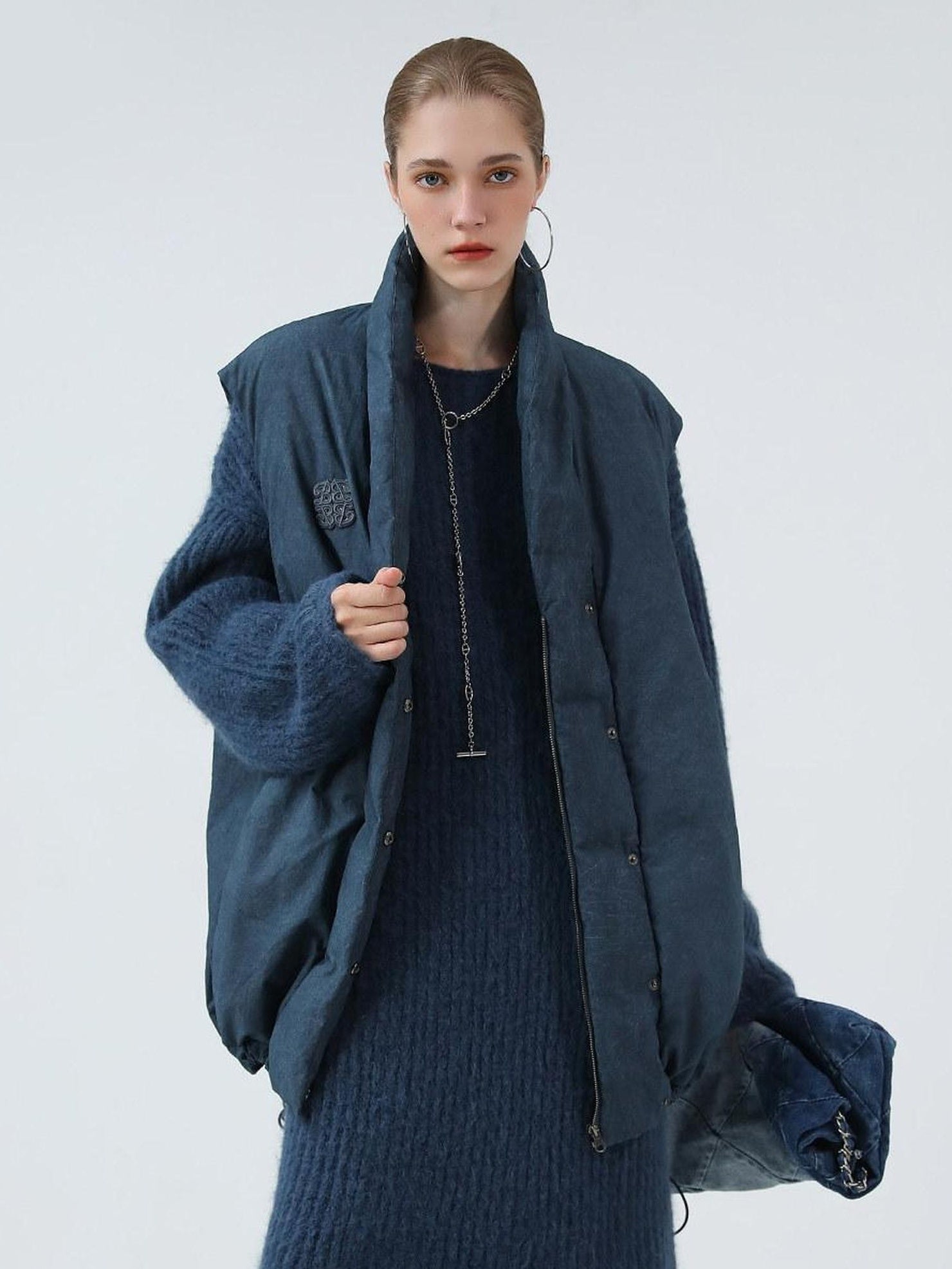 COCOBELLA 90 Percent White Duck Down Oversized Commuter Cotton Gathered Vintage Blue Vest