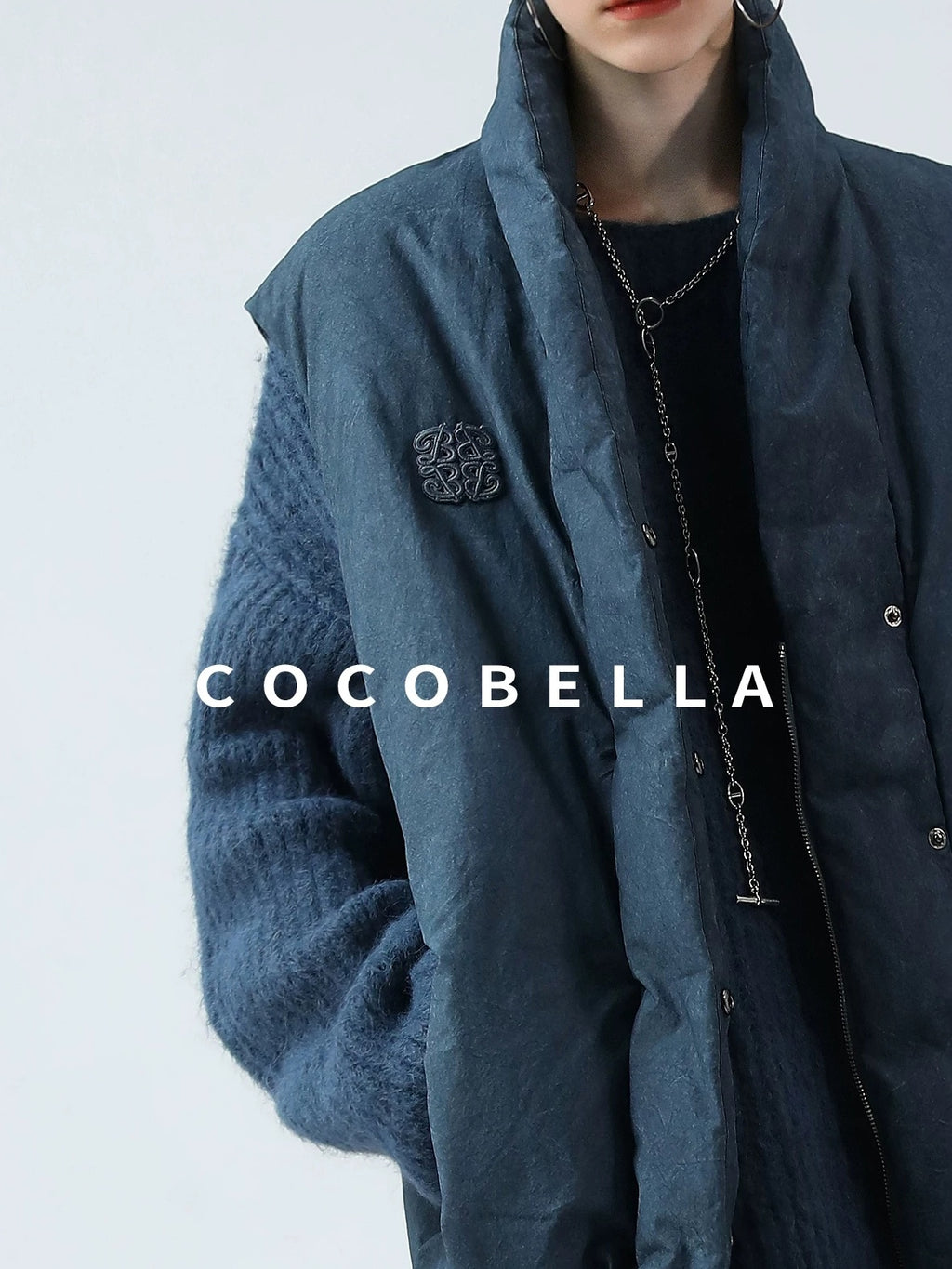 COCOBELLA 90 Percent White Duck Down Oversized Commuter Cotton Gathered Vintage Blue Vest