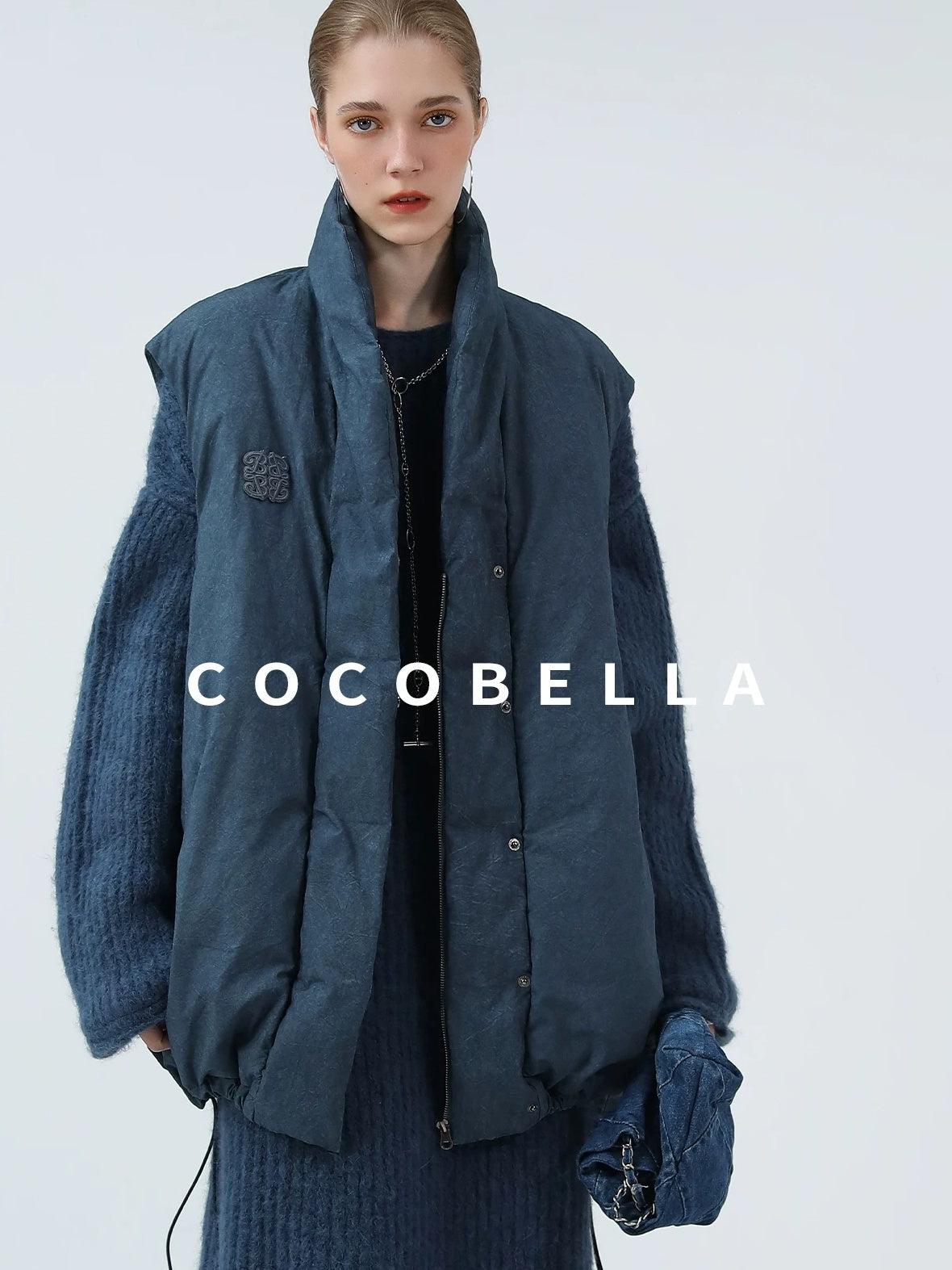 COCOBELLA 90 Percent White Duck Down Oversized Commuter Cotton Gathered Vintage Blue Vest