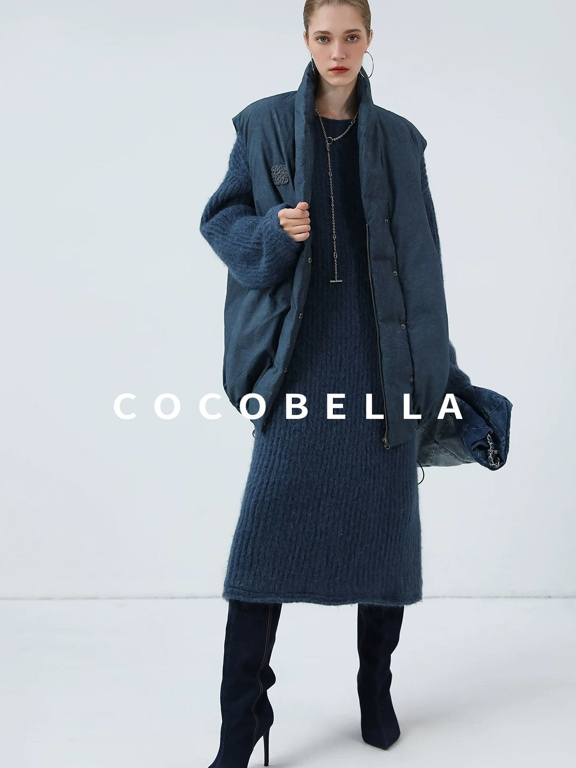 COCOBELLA 90 Percent White Duck Down Oversized Commuter Cotton Gathered Vintage Blue Vest