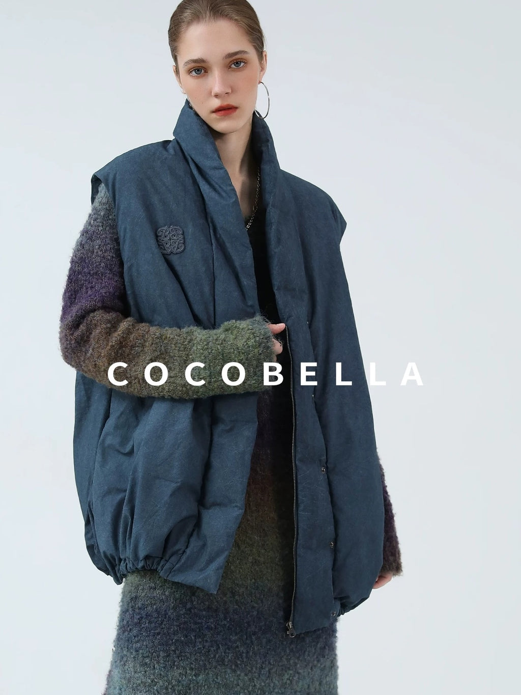 COCOBELLA 90 Percent White Duck Down Oversized Commuter Cotton Gathered Vintage Blue Vest