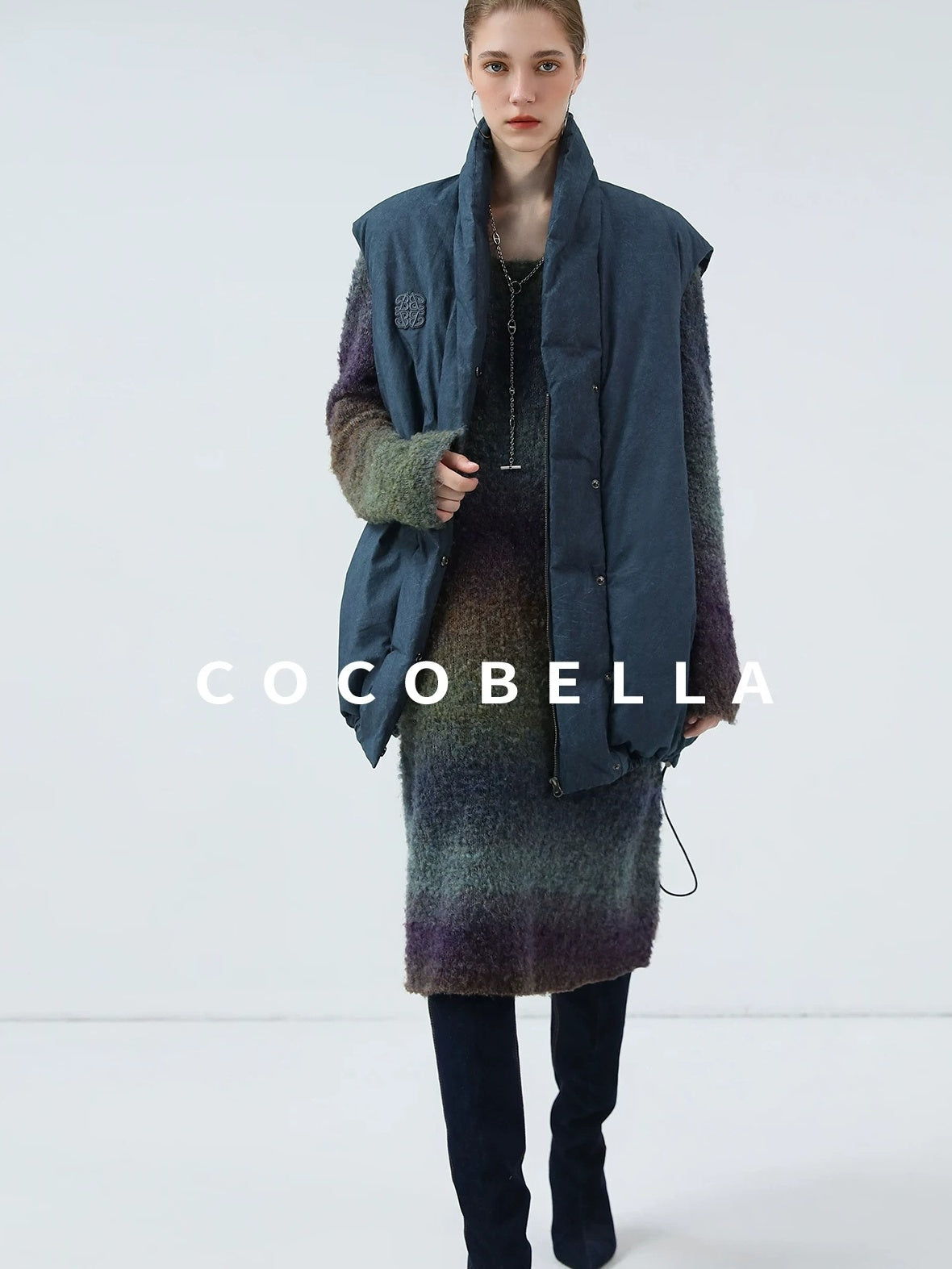 COCOBELLA 90 Percent White Duck Down Oversized Commuter Cotton Gathered Vintage Blue Vest