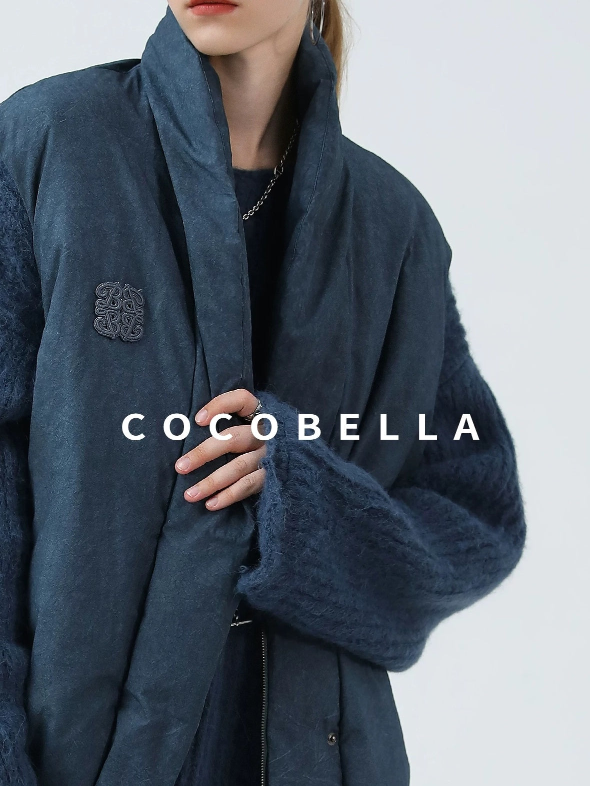 COCOBELLA 90 Percent White Duck Down Oversized Commuter Cotton Gathered Vintage Blue Vest