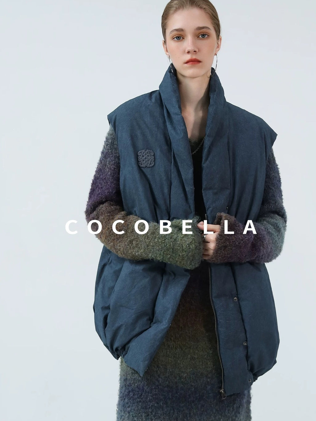 COCOBELLA 90 Percent White Duck Down Oversized Commuter Cotton Gathered Vintage Blue Vest