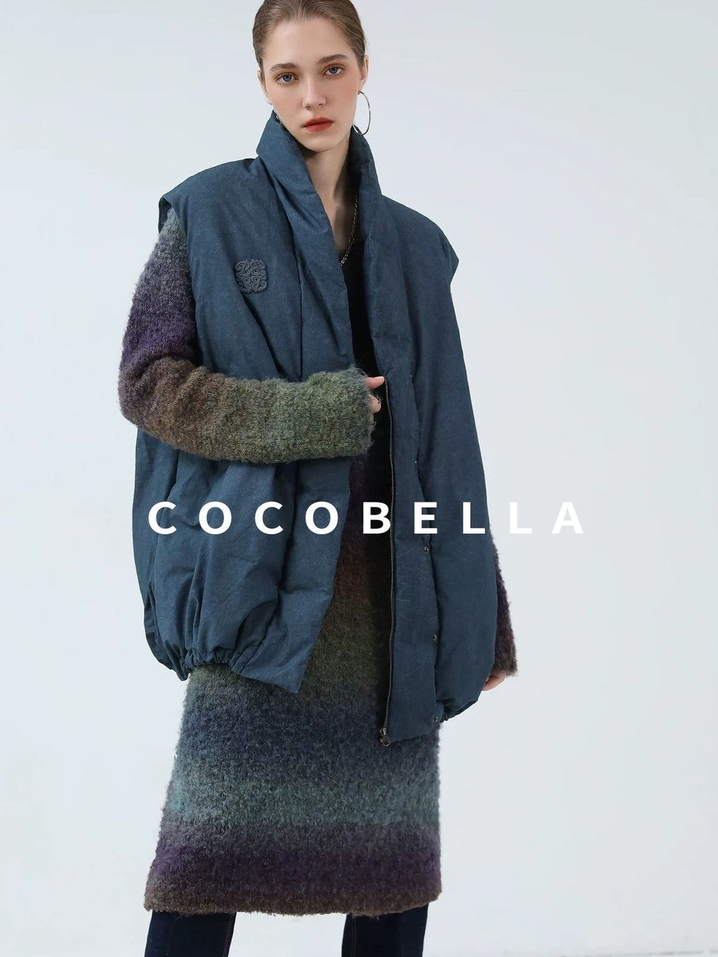 COCOBELLA 90 Percent White Duck Down Oversized Commuter Cotton Gathered Vintage Blue Vest