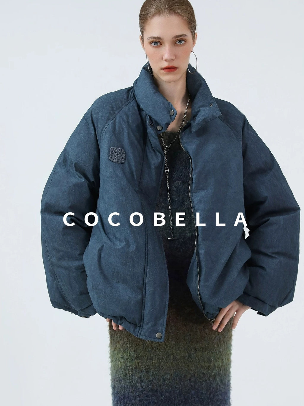 COCOBELLA 90 Percent White Duck Down Oversized Commuter Cotton Gathered Vintage Blue Vest