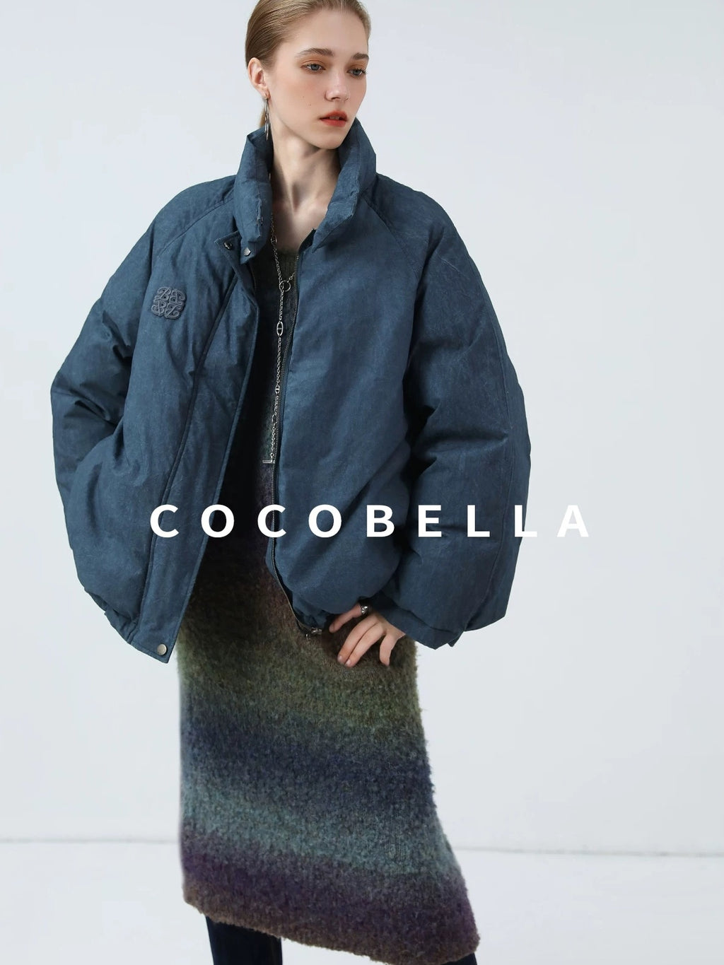 COCOBELLA 90 Percent White Duck Down Oversized Commuter Cotton Gathered Vintage Blue Vest