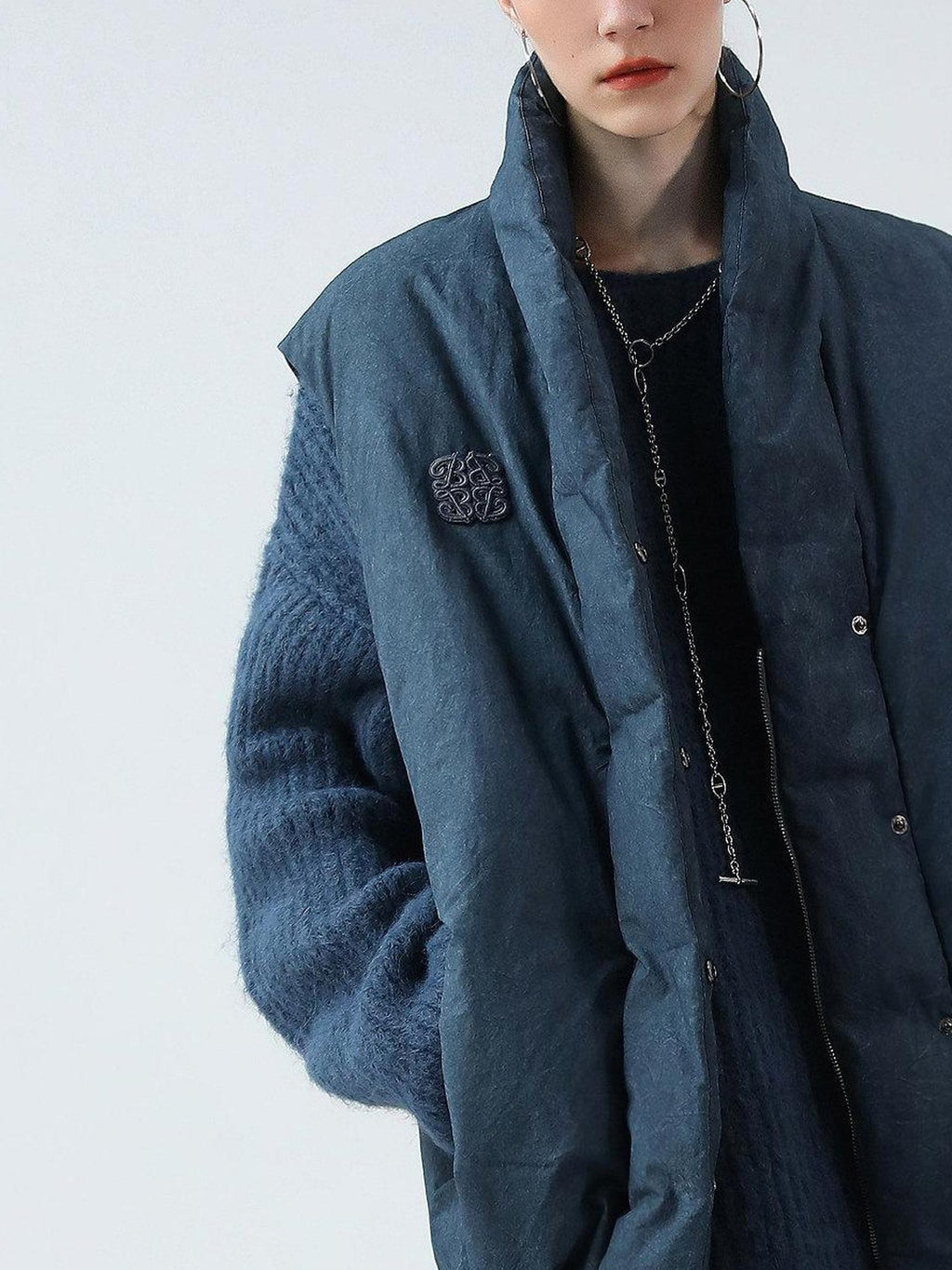 COCOBELLA 90 Percent White Duck Down Oversized Commuter Cotton Gathered Vintage Blue Vest