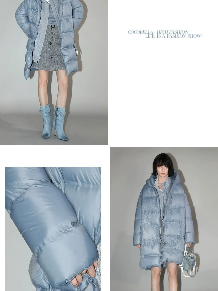 COCOBELLA 90% White Duck Down Hooded Loose Minimalist Commuter Mid Length Down Jackets