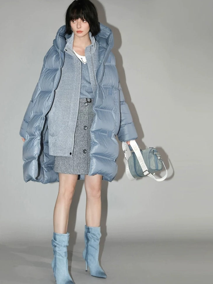 COCOBELLA 90% White Duck Down Hooded Loose Minimalist Commuter Mid Length Down Jackets