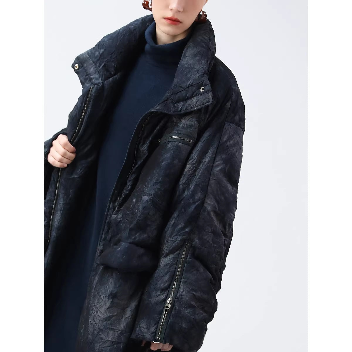 COCOBELLA_90%_White_Duck_Down_Straight_Long_Pleated_Ink_Blue_Women_City_Down_Jackets_MISSTT